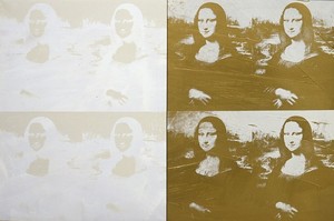 Andy Warhol, Four White on White and Four Gold on White Mona Lisas, 1980. Acrylic and silkscreen on linen, 52 ¾ × 80 ⅜ inches (134 × 204.2 cm) © 2006 Andy Warhol Foundation for the Visual Arts/ARS, New York. Courtesy Bischofberger Collection, Switzerland