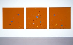 Damien Hirst, Like Flies Brushed Off a Wall We Fall, 2006. Butterflies, flies and household gloss on canvas, 3 panels: 60 × 60 inches each (152.4 152.4 cm)