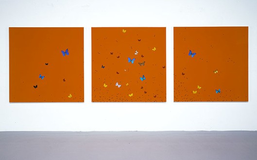 Damien Hirst, Like Flies Brushed Off a Wall We Fall, 2006 Butterflies, flies and household gloss on canvas, 3 panels: 60 × 60 inches each (152.4 152.4 cm)