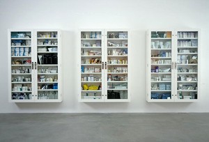 Damien Hirst, No Arts; No Letters; No Society, 2006. Glass and formica cabinets with medical packaging and human skulls, 3 cabinets: 84 × 60 × 14 inches each (213.4 × 152.4 × 35.6 cm)