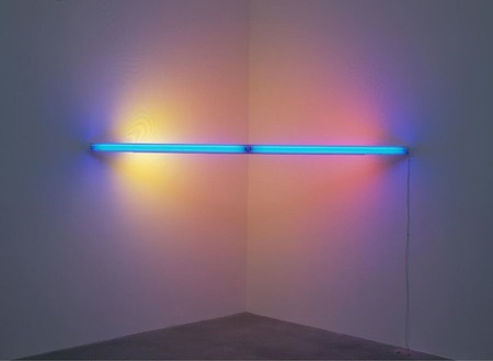 Dan Flavin, Untitled, 1969 Blue, yellow, and pink fluorescent light, 96 inches wide, across a corner (244 cm)