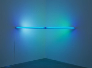 Dan Flavin, Untitled, 1969. Blue, yellow, and pink fluorescent light, 96 inches wide, across a corner (244 cm)