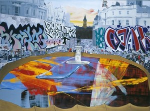 Dexter Dalwood, The Poll Tax Riots, 2005. Oil on canvas, 98 ½ × 134 inches (250 × 340 cm)