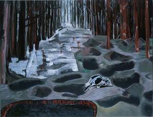 Dexter Dalwood, Trial of Milosevic I, 2005. Oil on canvas, 105 ½ × 136 ⅞ inches (268 × 347.7 cm)