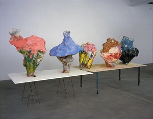 Franz West, Workingtable and Worktop, 2006. Five papier maché sculpture on table, Dimensions variable