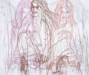 Ghada Amer, KSKC, 2005. Acrylic, embroidery and gel medium on canvas, 64 × 76 inches (162.6 × 193 cm)