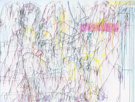Ghada Amer, Knotty but Nice, 2005 Acrylic, embroidery and gel medium on canvas, 108 × 144 inches (274.3 × 365.8 cm)
