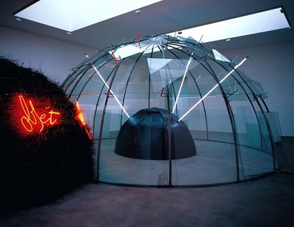 MARIO MERZ 8-5-3, 1985 Metal tubes, glass, clamps, twigs and neon tubes Diameter of each igloo: 315 inches (800 cm); 196 7/8 inches (500 cm); 118 1/8 inches (300 cm) Installation at Gagosian Gallery Britannia Street, London