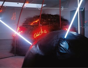 MARIO MERZ 8-5-3, 1985. Metal tubes, glass, clamps, twigs and neon tubes Diameter of each igloo: 315 inches (800 cm); 196 7/8 inches (500 cm); 118 1/8 inches (300 cm) Installation at Gagosian Gallery Britannia Street, London