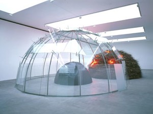 MARIO MERZ 8-5-3, 1985. Metal tubes, glass, clamps, twigs and neon tubes Diameter of each igloo: 315 inches (800 cm); 196 7/8 inches (500 cm); 118 1/8 inches (300 cm) Installation at Gagosian Gallery Britannia Street, London