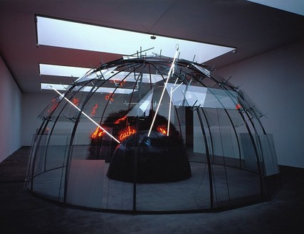 MARIO MERZ 8-5-3, 1985 Metal tubes, glass, clamps, twigs and neon tubes Diameter of each igloo: 315 inches (800 cm); 196 7/8 inches (500 cm); 118 1/8 inches (300 cm) Installation at Gagosian Gallery Britannia Street, London