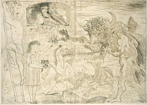 Pablo Picasso, La Minotauromachie (State I), 1935. Etching, scraper and burin on copper, 19 ½ × 27 ¼ inches (49.8 × 69.3 cm)