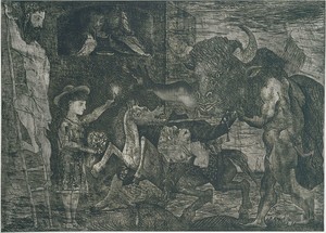 Pablo Picasso, La Minotauromachie (State V), 1935. Etching, scraper and burin on copper, 19 ½ × 27 ¼ inches (49.8 × 69.3 cm)