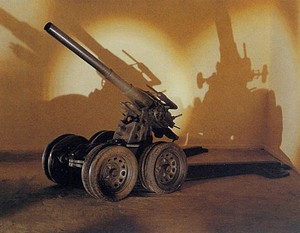 Pino Pascali, Cannone Semovente (Gun), 1965. Wood, scrap metal and wheels, 99 × 134 × 97 inches (251.5 × 340.4 × 246.4 cm)