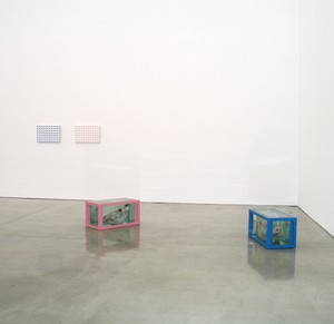 Damien Hirst, Adam and Eve, Blue for Adam and Pink for Eve, 1997. Glass, steel, formaldehyde solution, cow and bull's heads; Household gloss paint on canvas, 2 vitrines: 18 × 36 × 18 inches each (45.7 × 91.4 × 45.7 cm); 2 canvases: 15 × 23 inches each (38.1 × 58.4 cm)