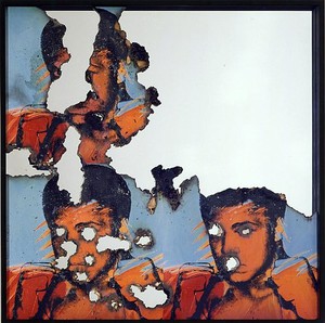 Douglas Gordon, self-portrait of you + me (Muhammad Ali), 2007. Burned photograph on mirror, in wood frame, 44 ¾ × 44 ⅞ × 3 inch (113.7 × 114 × 7.6 cm) © Studio lost but found/VG Bild-Kunst, Bonn, Germany