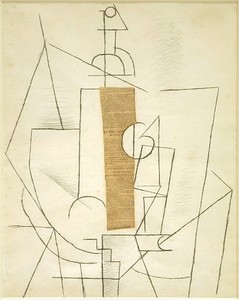 Pablo Picasso, Bottle and Glass, 1912. Charcoal and newspaper collage, 23-13/16 × 19 inches (60.5 × 48.3 cm)