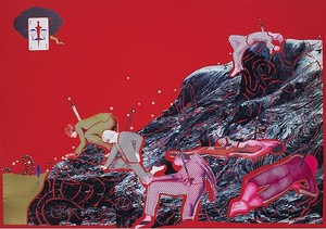Christian Holstad, Volcanic Men in Pajamas with Snakes and Swords, 2004. Collage on posterboard, 27 ½ × 39 inches (69.8 × 99.1 cm)