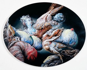 Glenn Brown, Senile Youth, 2007. Oil on panel, 48 × 61 ⅜ inches, oval (122 × 156 cm)
