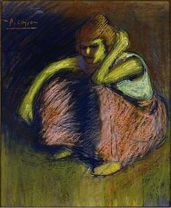 Pablo Picasso, La Jupe Rouge, 1901. Pastel on board, 21 13/16 × 18 ½ inches (55.4 × 47 cm)