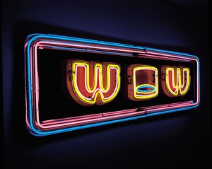 Tim Noble &amp; Sue Webster, Walk On Water, 1998. Stainless and enamelled steel, neon, electronic light sequencer (3-channel caterpillar effect), transformers, 81 ⅞ × 24 inches (208 × 61 cm)