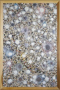 Mike Kelley, Memory Ware Flat # 27, 2001. Paper pulp, tile grout, acrylic, beads, buttons and jewellery on wooden panel, 70 ¼ × 46 ½ × 4 inches (178.4 × 118.1 × 10.2 cm)
