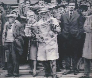 Gerhard Richter, Personegruppe (Group of People), 1965. Oil on canvas, 66 ⅞ × 78 11/16 inches (170 × 200 cm)