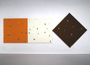 Damien Hirst, The Sun, The Moon and The Earth, 2007. Butterflies and household gloss paint on canvas, Triptych: 72 × 72 inches (182.9 × 182.9 cm); 72 × 72 inches (182.9 × 182.9 cm); 102 × 102 inches (259.1 × 259.1 cm)