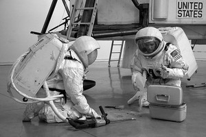 Installation view with astronauts harvesting the lunar sample. Photo: Joshua White