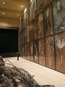 Anselm Kiefer, Palmsonntag, 2007. 36 panels of mixed media on board (in lead frame under glass), fiberglass and resin palm tree, clay bricks and steel support, Dimensions variable Photo by Joshua White