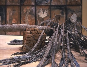 Anselm Kiefer, Palmsonntag, 2007. 36 panels of mixed media on board (in lead frame under glass), fiberglass and resin palm tree, clay bricks and steel support, Dimensions variable Photo by Douglas M. Parker Studio