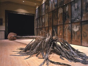 Anselm Kiefer, Palmsonntag, 2007. 36 panels of mixed media on board (in lead frame under glass), fiberglass and resin palm tree, clay bricks and steel support, Dimensions variable Photo by Douglas M. Parker Studio