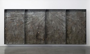 Anselm Kiefer, Der Brennende Dornbusch, 2007. Mixed media on board, in lead frame under glass, 4 panels: 130 ⅝ × 302 ½ inches overall (332 × 768 cm) Photo by Joshua White