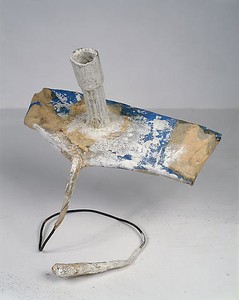 Franz West, Paßstück, c. 1980. Cardboard roll, metal, scotch tape, paper, glue, fabric and dispersion paint, 17-11/16 × 17-11/16 × 11 ⅝ inches (45 × 45 × 29.5 cm)