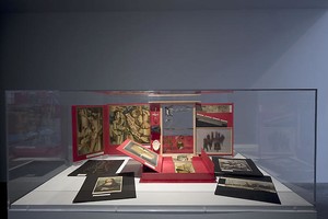 Marcel Duchamp, Boîte en Valise, 1935–41. Leather valise containing miniature replicas, photographs and color reproductions of works by Duchamp, 16 × 15 × 4 inches (40.7 × 38.1 × 10.2 cm)