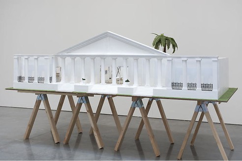 Piero Golia, Retrospective, 2001 MDF, cardboard, paper, Plexiglas, paint and metal, 15 ¾ × 197 × 118 inches (40 × 500 × 300 cm)