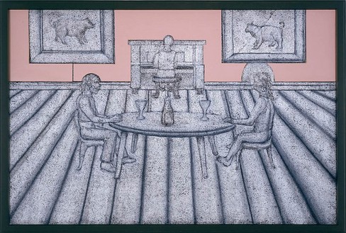 Richard Artschwager, Lunch for Two, 2007 Acrylic, charcoal, hand-made fiber and formica on soundboard, 51 ½ × 75 ½ inches (130.8 × 191.8 cm)