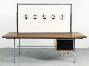 Richard Prince, Untitled (Original), 2008. Double sided publicity work and desk, 64 × 43 ¼ × 86 ½ inches (162.6 × 109.9 × 219.7 cm)