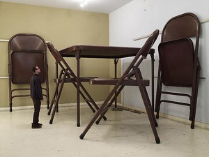 Robert Therrien, No Title (folding table and chairs, dark brown), 2007. Painted metal and fabric, Table: 96 × 120 × 120 inches (243.8 × 304.8 × 304.8 cm), Four chairs: 104 × 64 × 72 inches each (264.2 × 162.6 × 182.9 cm) Photo by Joshua White