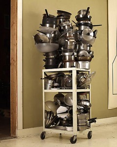 Robert Therrien, No title (pots + pans cart), 1999–2008. Steel, stainless steel, plastic, cast iron and glass ceramic, 86 × 42 × 35 inches overall (218.4 × 106.7 × 88.9 cm)