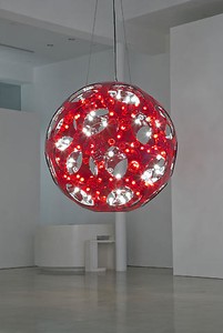 Carsten Höller, Red Double Sphere Hanging, 2008. Acrylic glass, bearing, 90 light bulbs, sockets, DMX controller, cables, Diameter: 86 ½ inches (220 cm) Photo by Joshua White