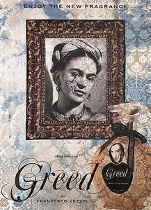 Francesco Vezzoli, Enjoy The New Fragrance (Frida Kahlo for Greed), 2009. Inkjet, wool, cotton, metallic embroidery and custom jewelry on brocade, 70 ⅞ × 51 3/16 inches (180 × 130 cm)