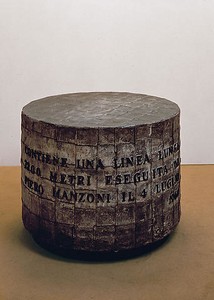 Piero Manzoni, Linea m 7200, 1960. Ink on paper, cylinder covered with lead sheets, 26 × 37 ¾ × 37 ¾ inches (66 × 96 × 96 cm) Photo: Herning Kustmuseum, Denmark