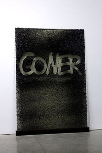 Aaron Young, Goner, 2009. Laminated glass with shredded tire rubber and epoxy resin, 88 ¼ × 62 × 7 ½ inches installed (224.2 × 157.5 × 19 cm) Photo by Josh White