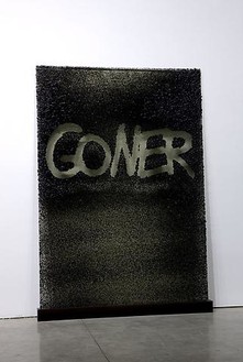 Aaron Young, Goner, 2009 Laminated glass with shredded tire rubber and epoxy resin, 88 ¼ × 62 × 7 ½ inches installed (224.2 × 157.5 × 19 cm)Photo by Josh White