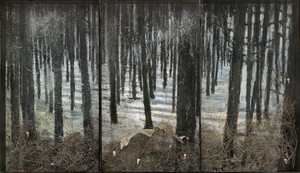 Anselm Kiefer, Winterwald, 2010. Oil, emulsion, acrylic, shellac, ash, torn bushes, synthetic teeth, and snakeskin on canvas, in glass and steel frames; in 3 parts; overall: 130 ¾ × 226 ¾ × 13 ¾ inches (332 × 576 × 35 cm) © Anselm Kiefer
