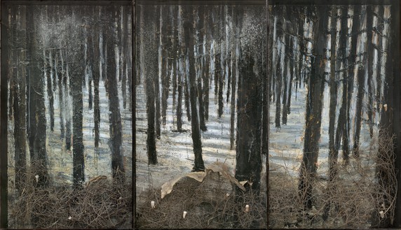 Anselm Kiefer, Winterwald, 2010 Oil, emulsion, acrylic, shellac, ash, torn bushes, synthetic teeth, and snakeskin on canvas, in glass and steel frames; in 3 parts; overall: 130 ¾ × 226 ¾ × 13 ¾ inches (332 × 576 × 35 cm)© Anselm Kiefer