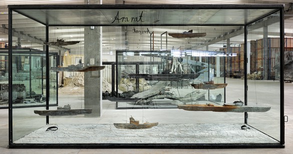 Anselm Kiefer, Ararat, 2010 9 lead boats, wire, and oil, emulsion, acrylic, shellac, and clay on canvas, in inscribed glass and steel vitrine, 114 ⅛ × 216 ½ × 90 ⅝ inches (290 × 550 × 230 cm)© Anselm Kiefer