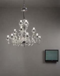 Cerith Wyn Evans, 'Astro-photography' by Siegfried Marx (1987), 2006. Chandelier (Barovier and Toso), flat-screen monitor, Morse code unit, and computer; chandelier: 34 ¼ × 33 ½ inches (87 × 85 cm); overall dimensions variable