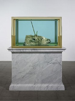 Damien Hirst, End of an Era, 2009 Bull’s head, gold, gold-plated steel, glass, and formaldehyde solution, with Carrara marble plinth, 84 × 67 ⅜ × 38 ¼ inches (213.4 × 171 × 97.2 cm)© Damien Hirst and Science Ltd. All rights reserved, DACS 2010